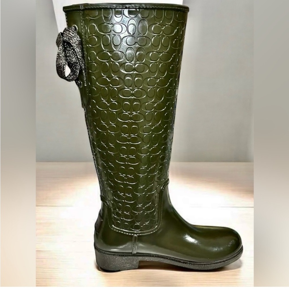 Coach Signature Rain Boots OD Green with Glitter Laces